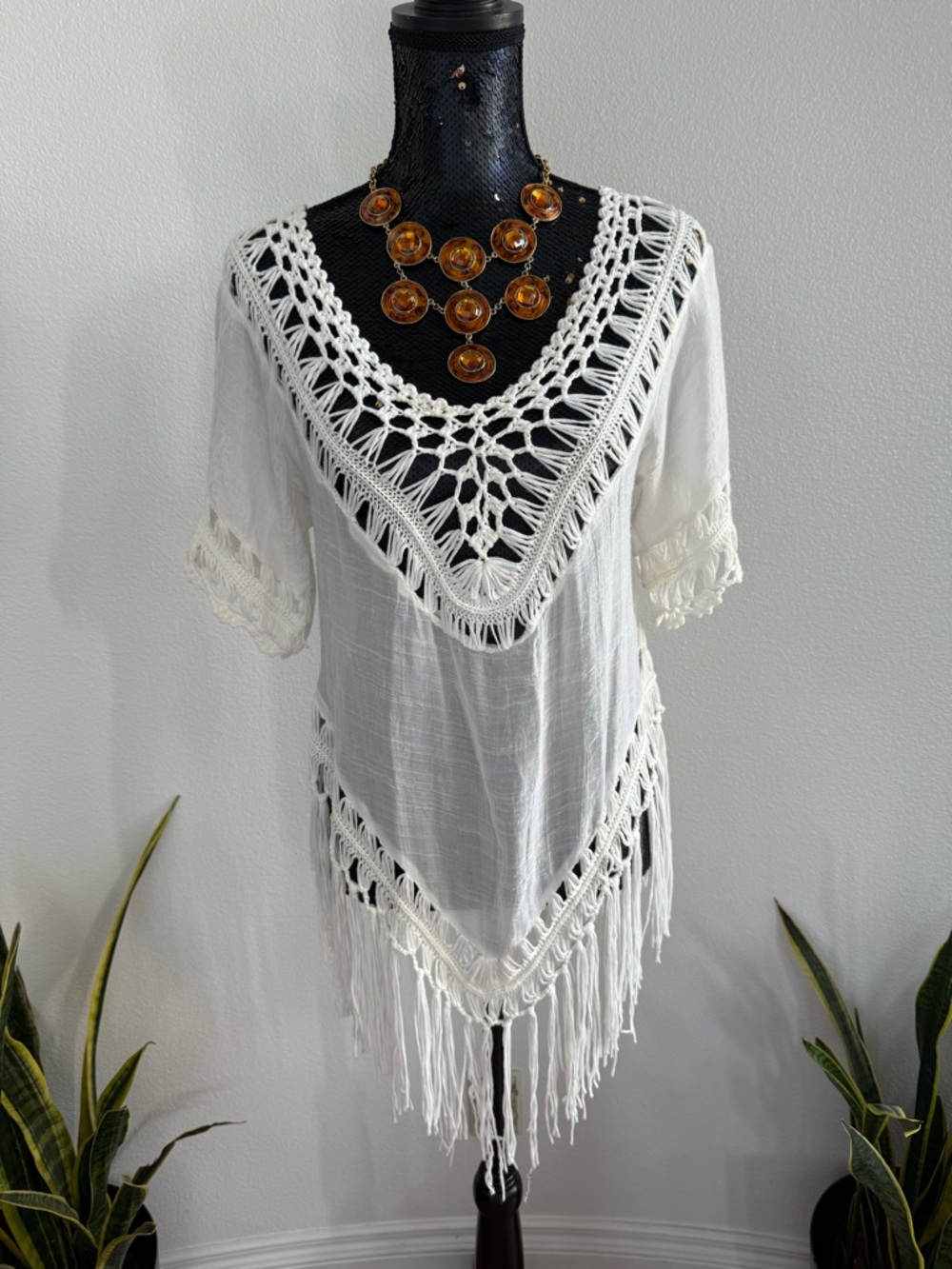 Vivid Importers Bohemian Gauze Crochet Fringe Tunic Top Coverup Size Small